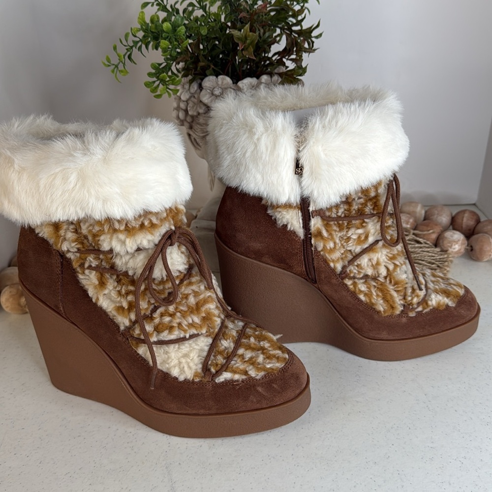 Brown and Cream Women's Wedge Boots - Picture 3 of 10